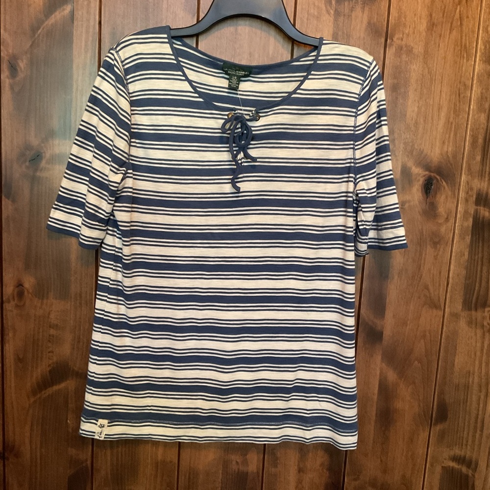 Ralph Lauren Navy and White Striped Lace-Up Neck Tee